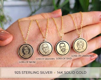 Memory Necklace for Loss of Mom, Dad, Mother, Father, Dog, Cat, Pet, Grandma, Grandson, Engraved Photo Picture, Sterling Silver & 14k Gold