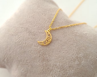 Halbmond Allah Halskette, 14k massivem Gold Islamischer Schmuck, zierlicher Allah Anhänger, Mond Allah Halskette