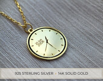 Sterling Silver Date Necklace, 14K Solid Gold Clock Necklace, Clock Choker