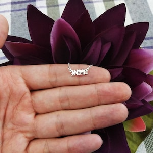 May include: A silver necklace with a delicate chain and a small pendant featuring the Chinese characters for "freedom".