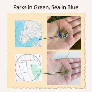 May include: The image features two gold-colored pendant necklaces with circular map designs. One pendant shows a blue sea area, the other a green park area. The text "Parks in Green, Sea in Blue" is at the top of the image.