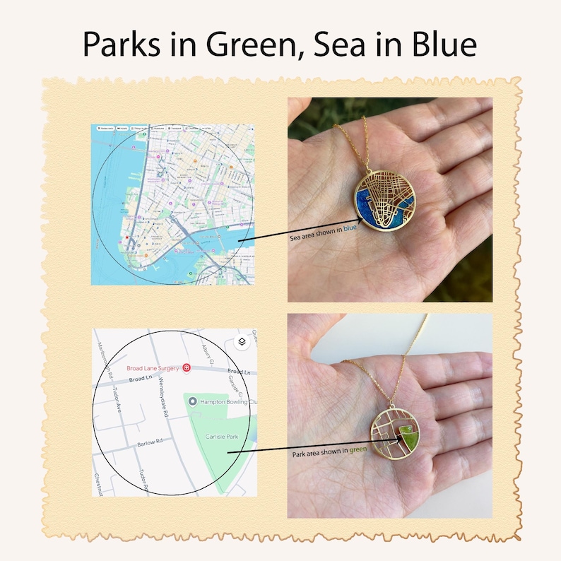 May include: The image features two gold-colored pendant necklaces with circular map designs. One pendant shows a blue sea area, the other a green park area. The text "Parks in Green, Sea in Blue" is at the top of the image.
