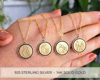Sterling Silver Line Art Necklace, 14K Gold Custom Photo Engraved, Memorial Photo Pendant