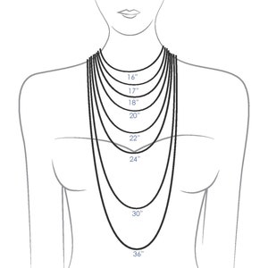 May include: A diagram showing different chain lengths for necklaces, ranging from 16 inches to 36 inches. The lengths are shown on a drawing of a person's neck.