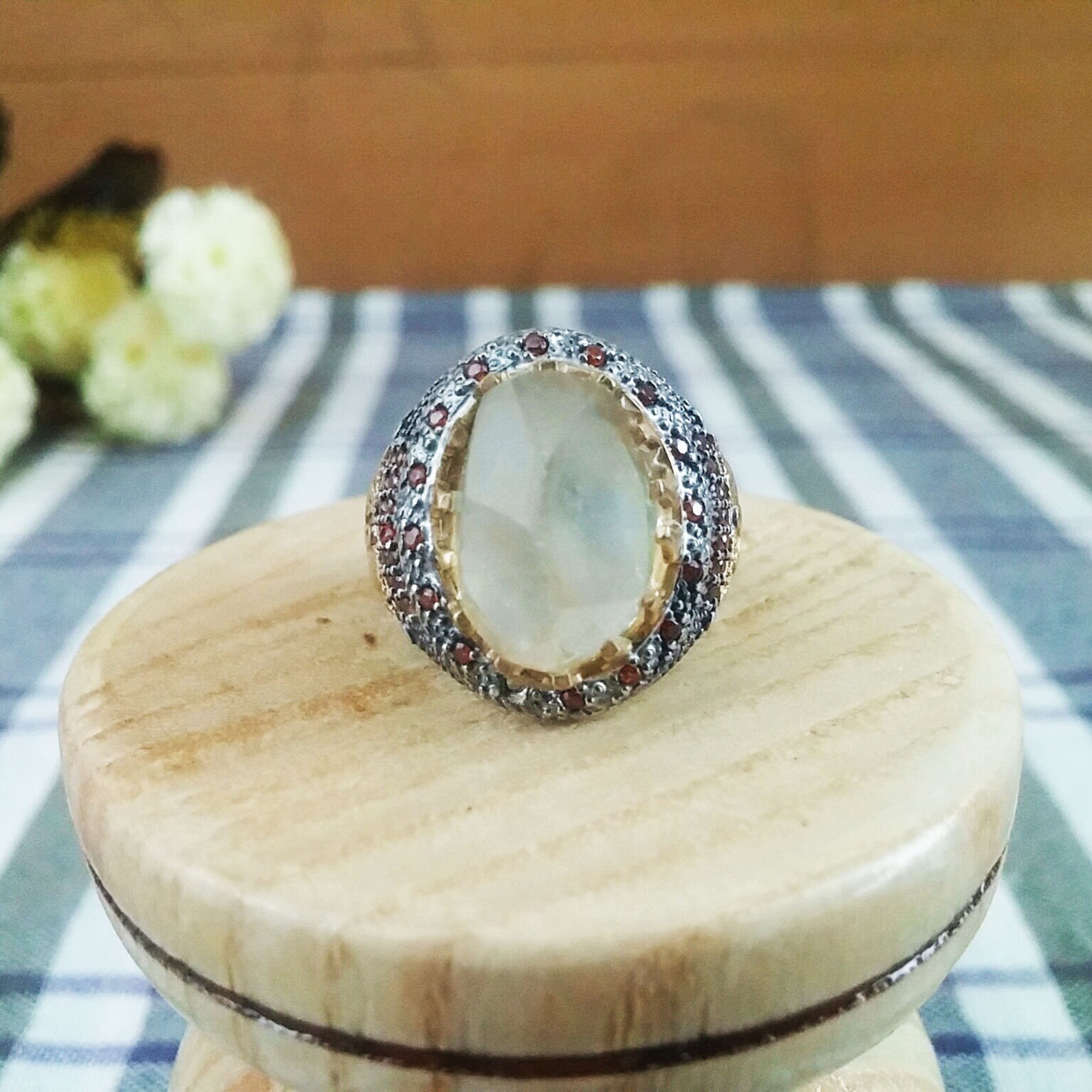 Crystal Quartz Ring White Quartz Ring With Red Zircon Stones Etsy