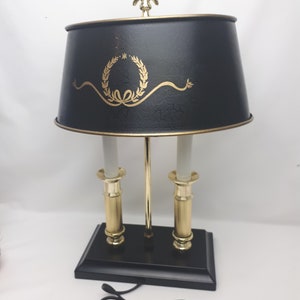Vintage Bouillette Metal Shade Two Lights Table Lamp Black & Gold 13.5&quot; Tall Hollywood Regency French Elegant Home decor