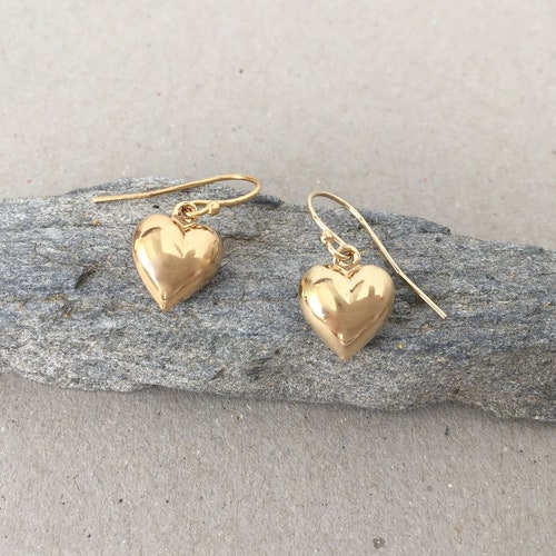 Gold Heart Earrings 14k Gold Filled Earwires Smooth Puffed | Etsy
