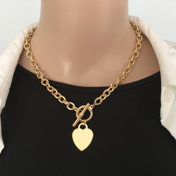Designer Link Necklace, Heart Charm Dangle Chunky Oval Cable Links, Toggle Clasp Choker, Gold T Bar Lariat O Ring Choker