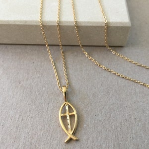 Ichthus Fish Cross Necklace Gold Cross Pendant on Fine Cable - Etsy