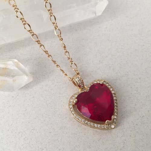 Ruby Red Heart Necklace With Tiny Cubic Zirconia Crystals - Etsy