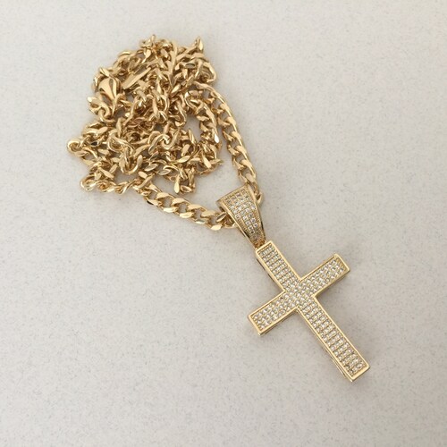 Large Cross shops Necklace with Tiny Cubic Zirconia Crystals, Bold CZ Diamonds on Large Cross Pendant, Bold Curb Chain
