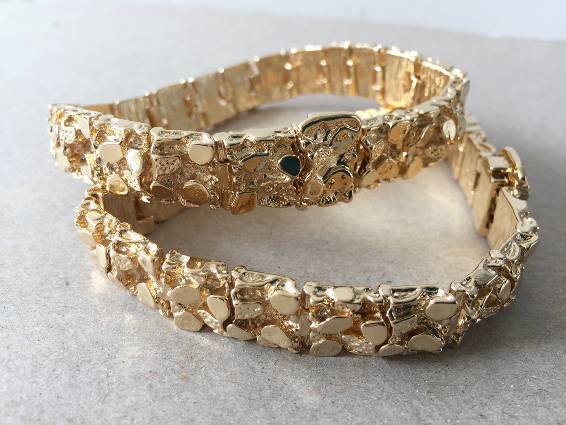 Men's Gold Bracelet 12mm Thick Nugget Cuff Bracelet Etsy