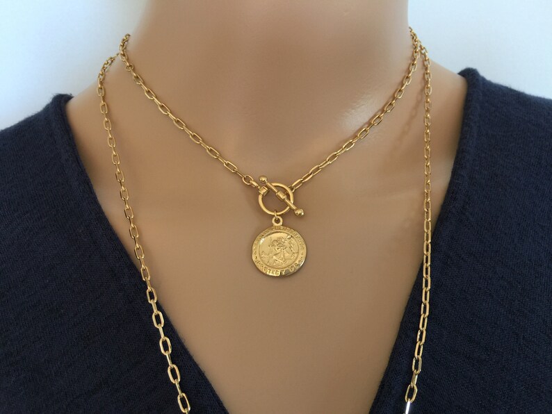 Gold Coin Choker Necklace Saint Christopher Medal Toggle - Etsy