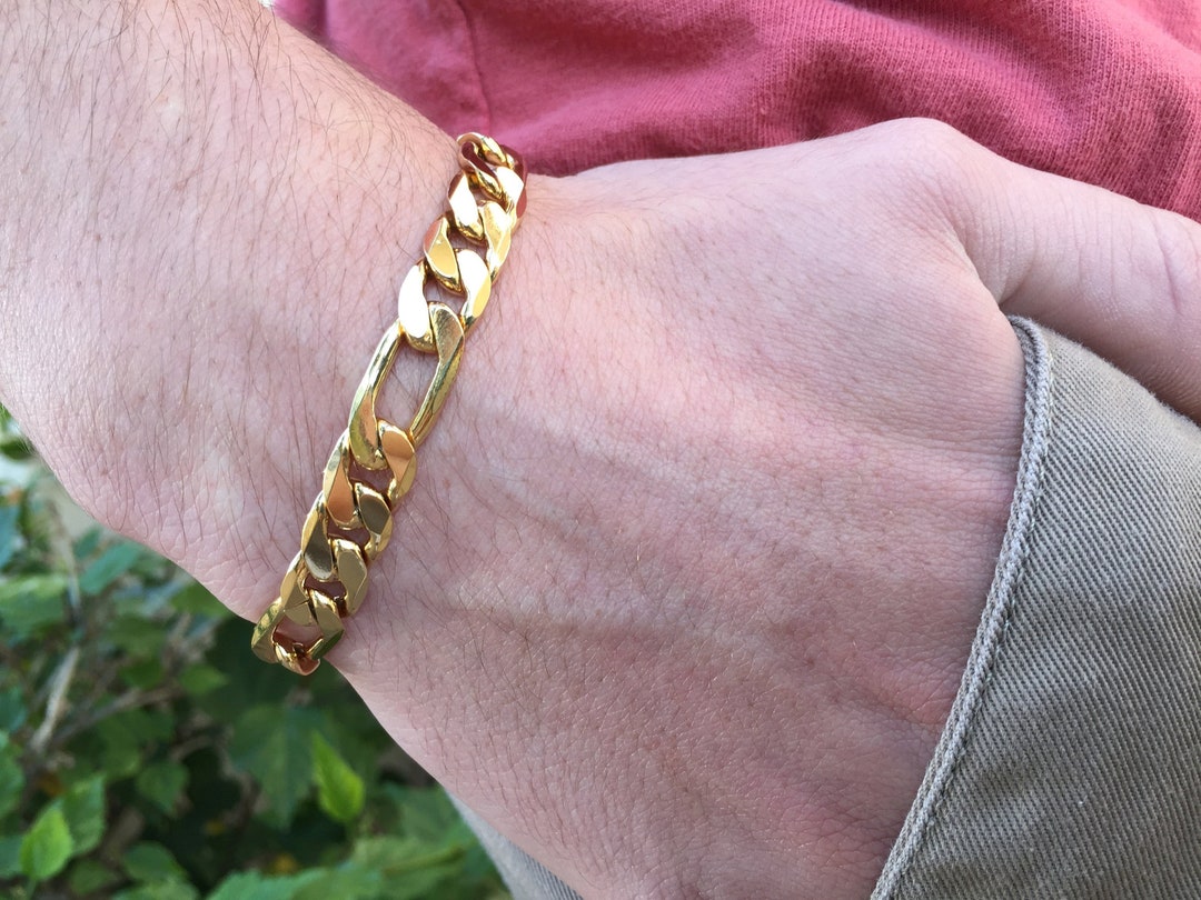 Mens Gold Bracelet 9mm Thick Figaro Chain Bracelet Large Etsy