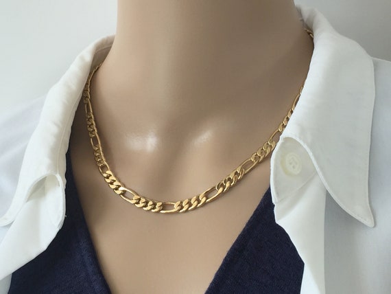 Gold Necklace Figaro Diamond Cut Chain 