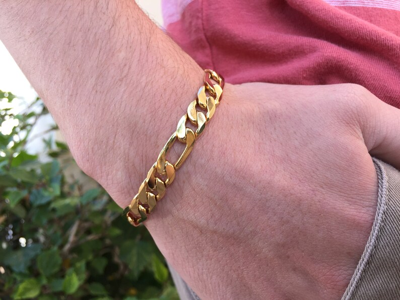 Mens Gold Bracelet 9mm Thick Figaro Chain Bracelet Large Etsy