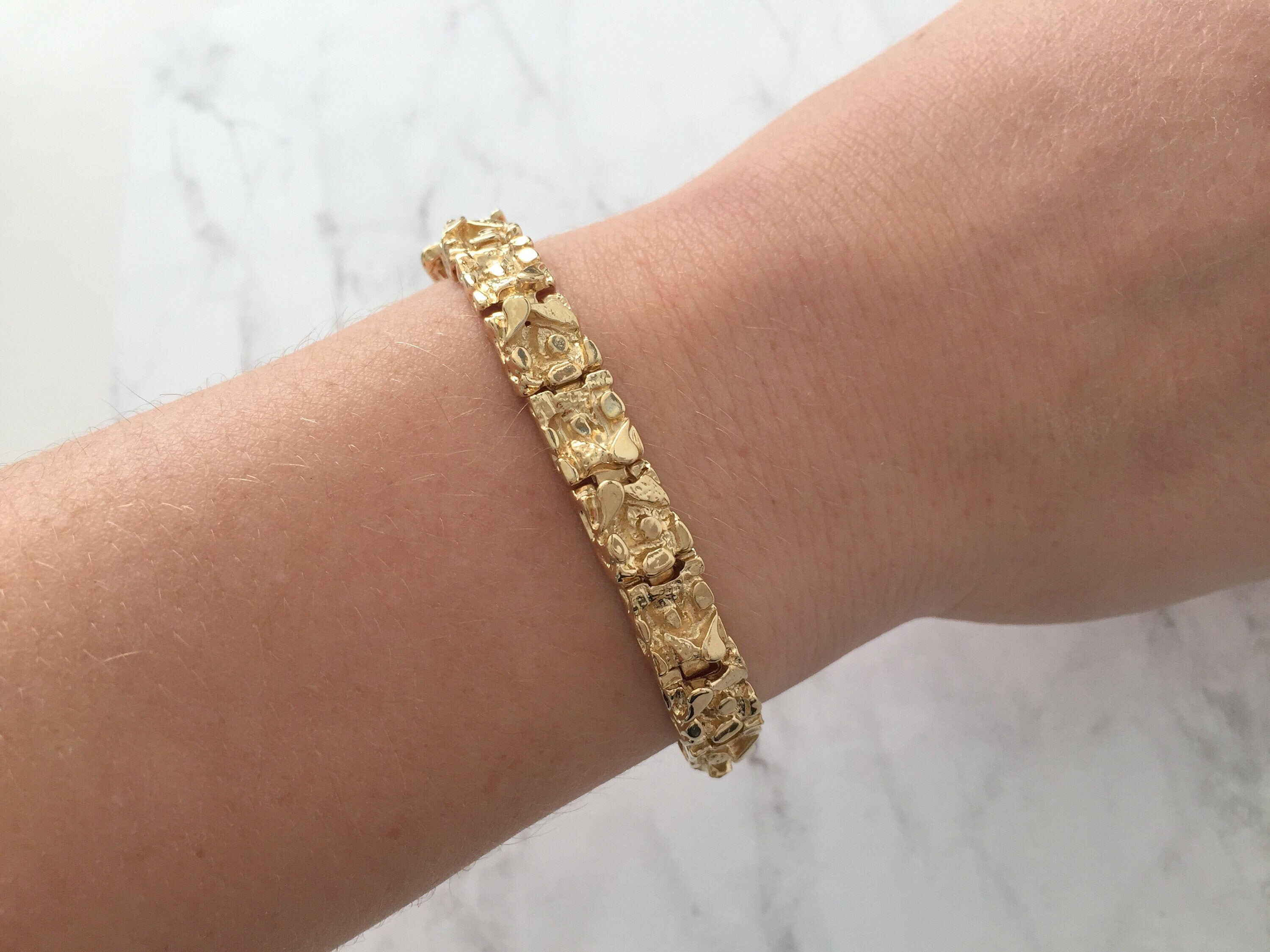 Real 14k Yellow Gold Unisex Nugget Bracelet 13mm 8.5 Inches – G Bar
