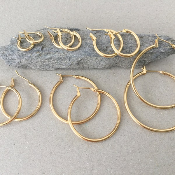 Hoop Earrings, Simple Plain Minimalist Gold Hoop Earring Set, Small Medium Large, Hinged Hypoallergenic Gold Filled Surgical Steel Posts