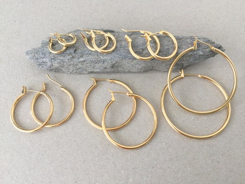 Hoop Earrings, Simple Plain Minimalist Gold Hoop Earring Set, Small Medium Large, Hinged Hypoallergenic Gold Filled Surgical Steel Posts 