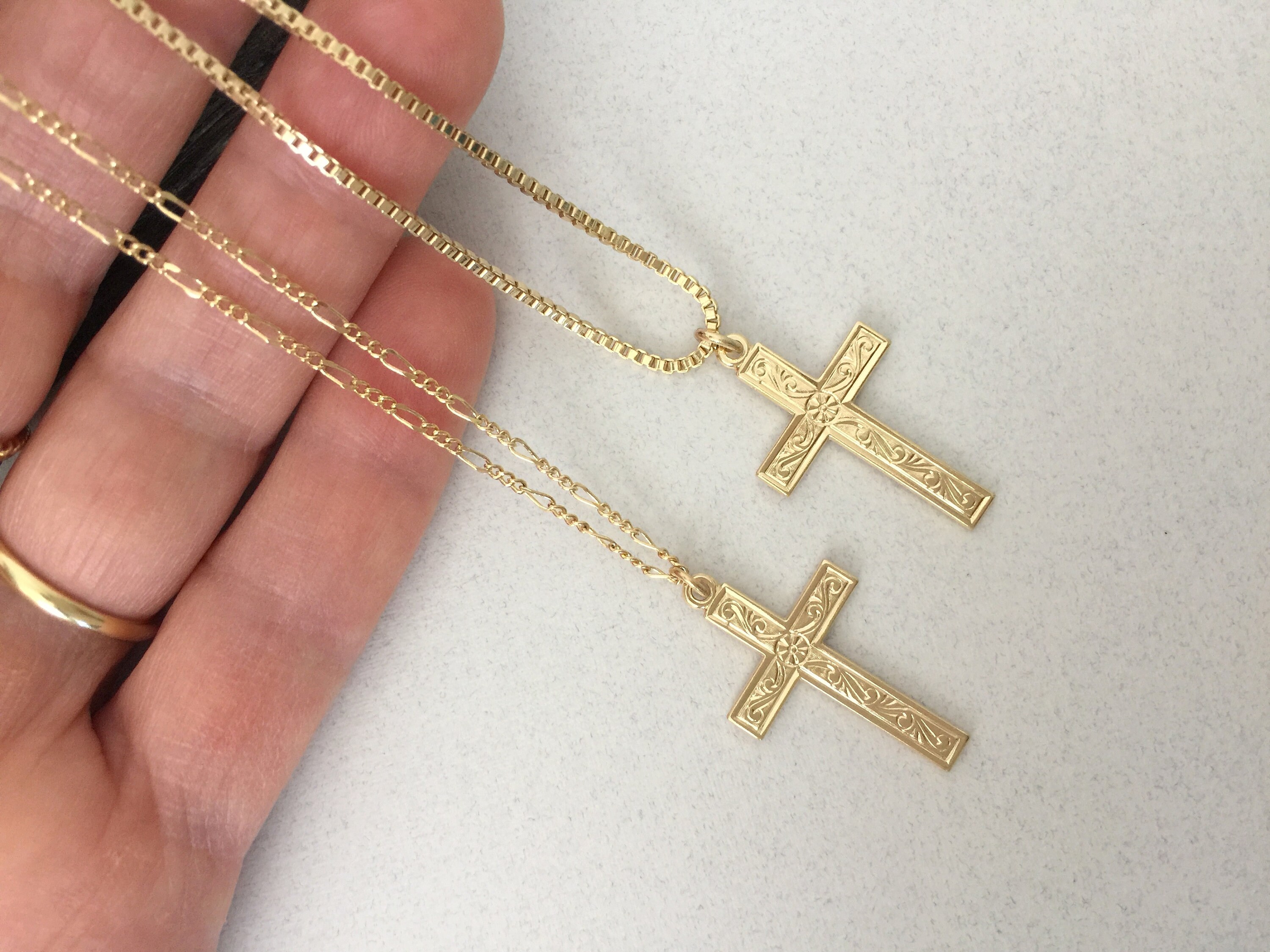 Gold Cross Necklace 1.5mm Box Chain or 