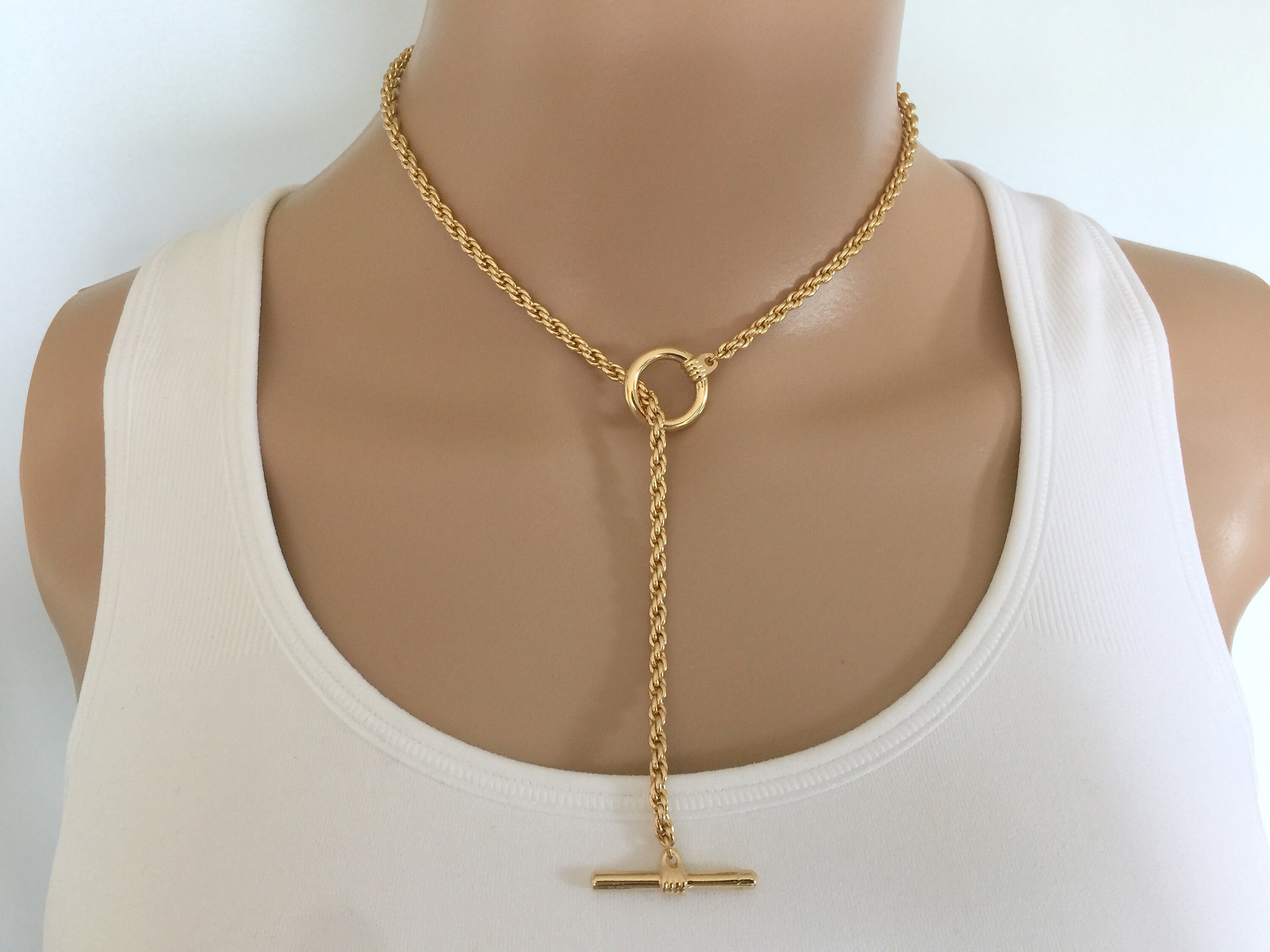Gold Lariat Necklace Thick 3.5mm Rope Chain Chunky Gold Choker Large Toggle Clasp O Ring Choker Bold Statement Lariat Y Necklace