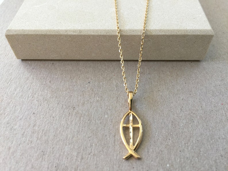 Ichthus Fish Cross Necklace Gold Cross Pendant on Fine Cable - Etsy