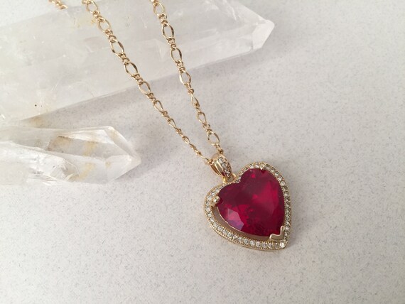 Ruby Red Heart Necklace With Tiny Cubic Zirconia Crystals - Etsy