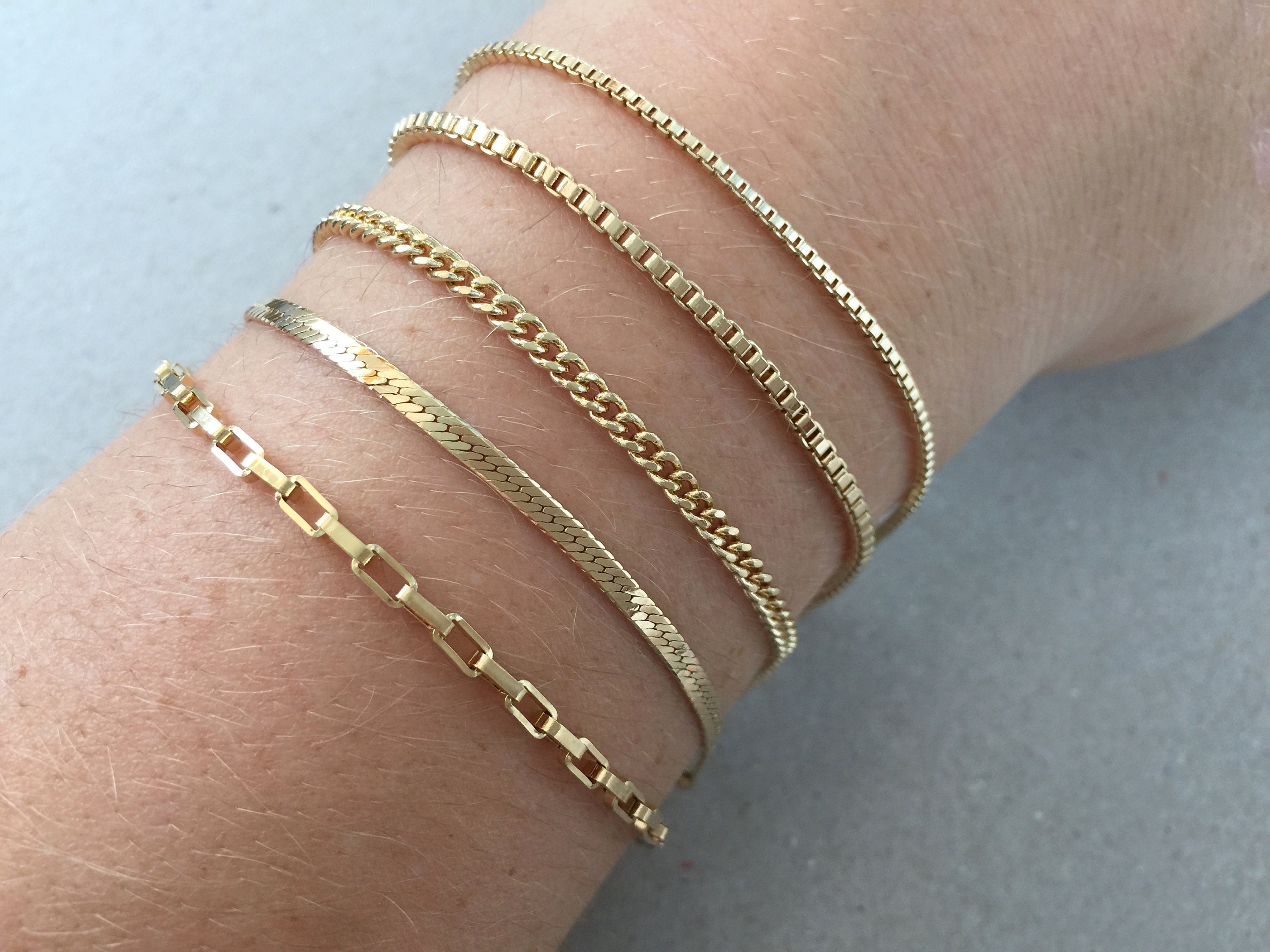 Gold Chain Bracelet, Thick Layering Curb Chain, Simple Stacking Herringbone  Chain Bracelet, Box Chain Link Bracelet for Men and Women