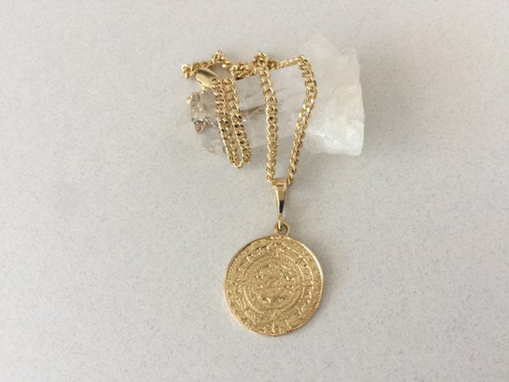 Aztec Sun Stone Coin Necklace Gold 