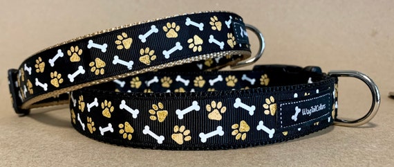 Paws Bones Shimmer Black Dog Collar Etsy Canada