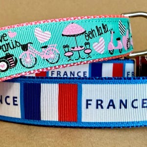 Op de afbeelding: Twee halsbanden voor honden. Eén is turquoise met roze accenten en heeft scooters, harten en de tekst "Love Paris" en "ooh la la". De andere is blauw, wit en rood met het woord "FRANCE".