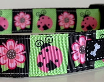 Summertime Pink Flower & Ladybug Dog Collar