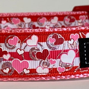 Sparkly Striped Heart Red Buckle Dog Collar
