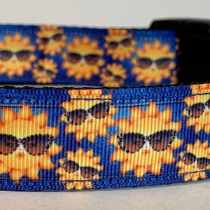 May include: A blue dog collar with a repeating pattern of yellow suns wearing sunglasses.