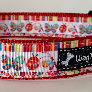 May include: Red dog collar with a white background featuring a colourful butterfly and ladybug pattern. The collar has a black buckle and a silver D-ring. The text "Wag Tail Collars" is printed on a black label.