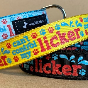 Op de afbeelding: Drie hondenhalsbanden met een blauwe, gele en zwarte achtergrond. Elke halsband heeft een rood pootprint- en waterdruppelontwerp met de tekst "Can't control my licker" erop gedrukt.