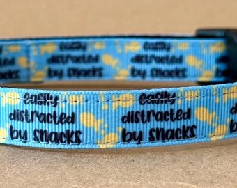 May include: A blue dog collar with yellow and white accents. The collar has the text "Easily distracted by snacks" printed on it.