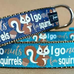 Puede incluir: Dos collares para perros con temática de ardillas. Uno es azul marino, el otro turquesa. Ambos tienen un patrón repetido de una ardilla de dibujos animados sosteniendo una bellota, con el texto "I go nuts for squirrels".