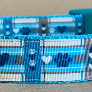 Blue Plaid with Paws & Hearts Dog Collar