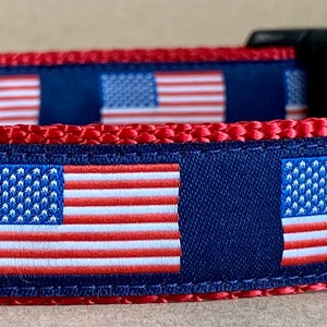Op de afbeelding: Rood, wit en blauw hondenhalsband met een herhalend patroon van Amerikaanse vlaggen. De halsband heeft een zwarte gesp en een zilveren D-ring. De halsband is gelabeld "WagTail Collars".