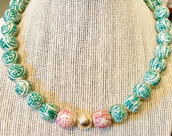 Chinoiserie Preppy Pink & Green Necklace