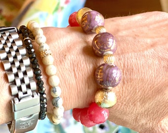 Chinoiserie Lilac & Raspberry Agate Stretch Bead Bracelet