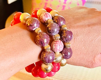 Chinoiserie Lilac, Pink & White Stretch Bracelet