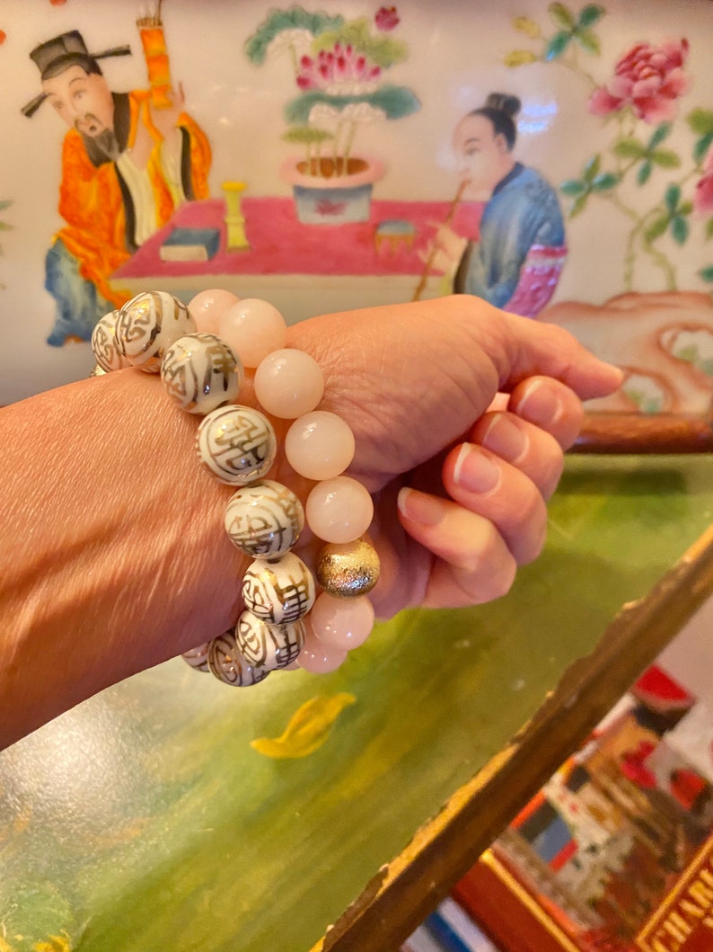 Chinoiserie White & Gold Bead Stretch Bracelet image 9