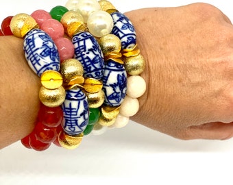 Chinoiserie Ginger Jar Bead Stretch Bracelet