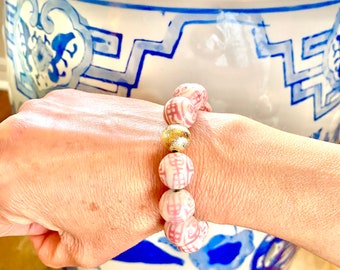 Chinoiserie Pink & White Stretch Bracelet