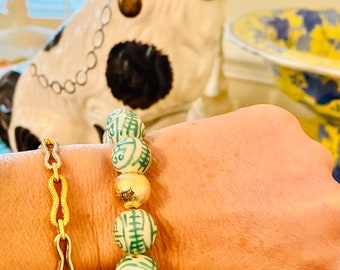 Chinoiserie Green & White Stretch Bracelet