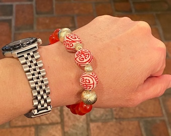 Chinoiserie Red Ginger Jar Bead Stretch Bracelet