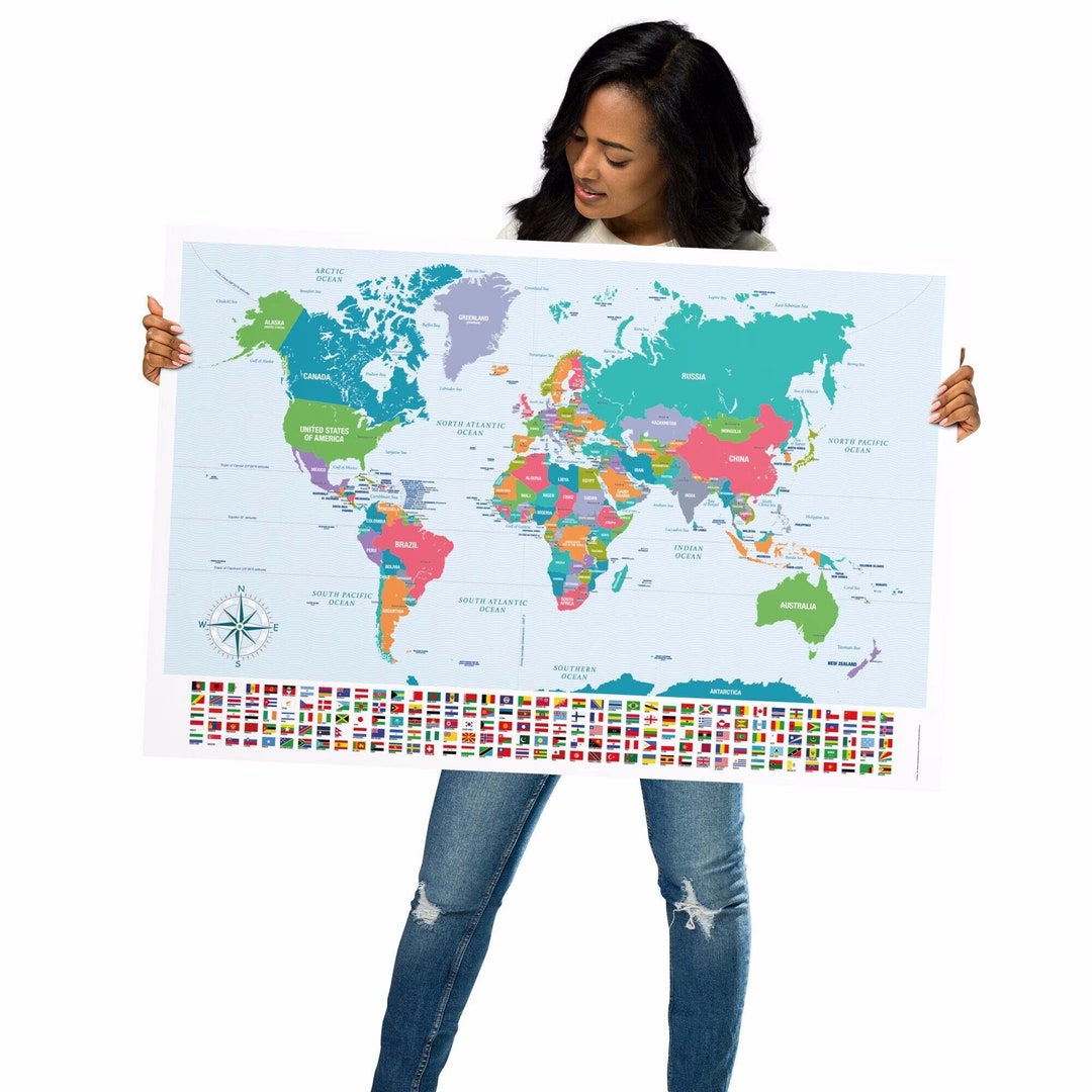 Large World Wall Map Poster With Countries Capitals Flags Map Of The Large world wall map poster with countries capitals flags map of the