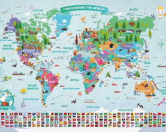 Large Educational World Map | Kids Wall Art | Kids World Map | Illustrated World Map Home Decor | Nursery Children Art Print Decor